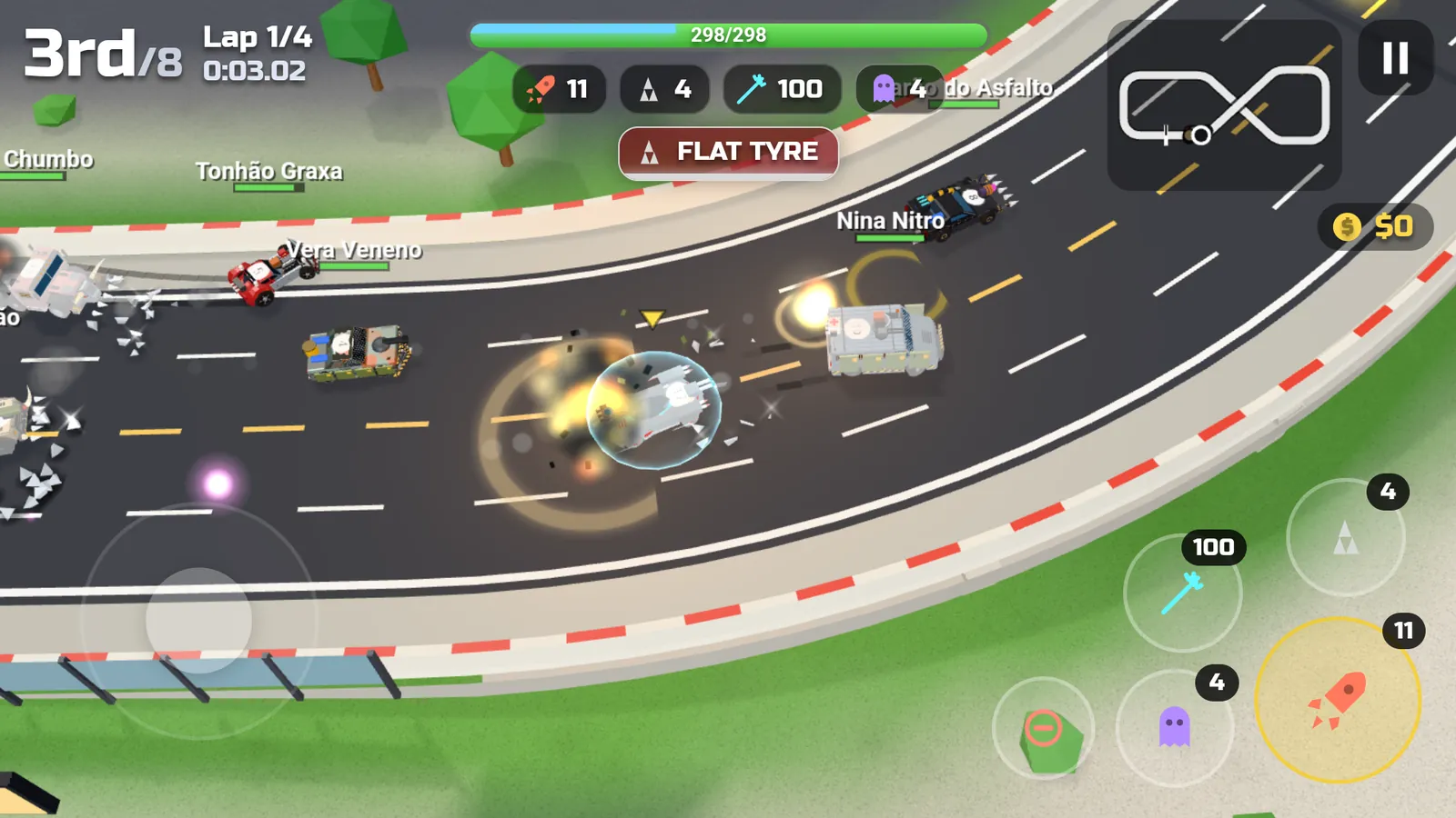 A race downtown, with explosions, an energy shield and a flat tire warning
