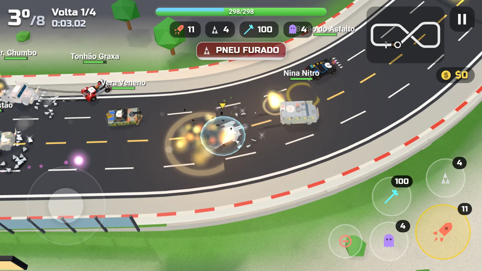 Corrida na cidade, com explosões, um escudo de energia e o aviso de pneu furado