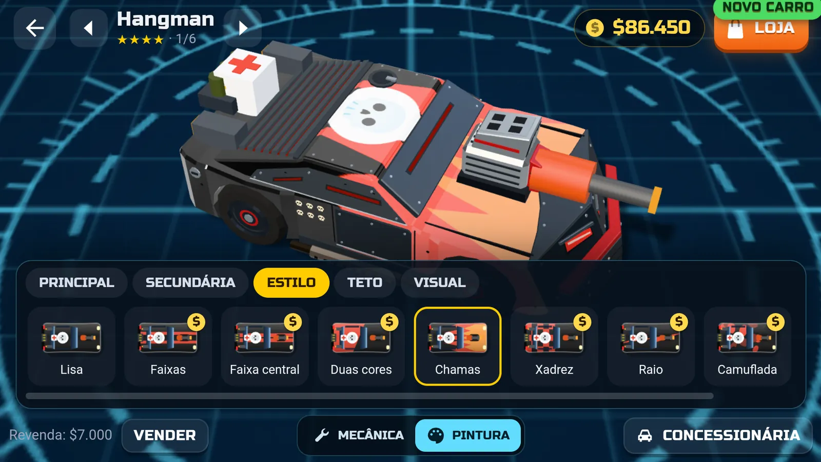 A oficina de pintura, com os estilos e o Hangman pintado com chamas